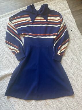 Vintage 60s Navy Stripe Collar Long Sleeve MIDI Dress